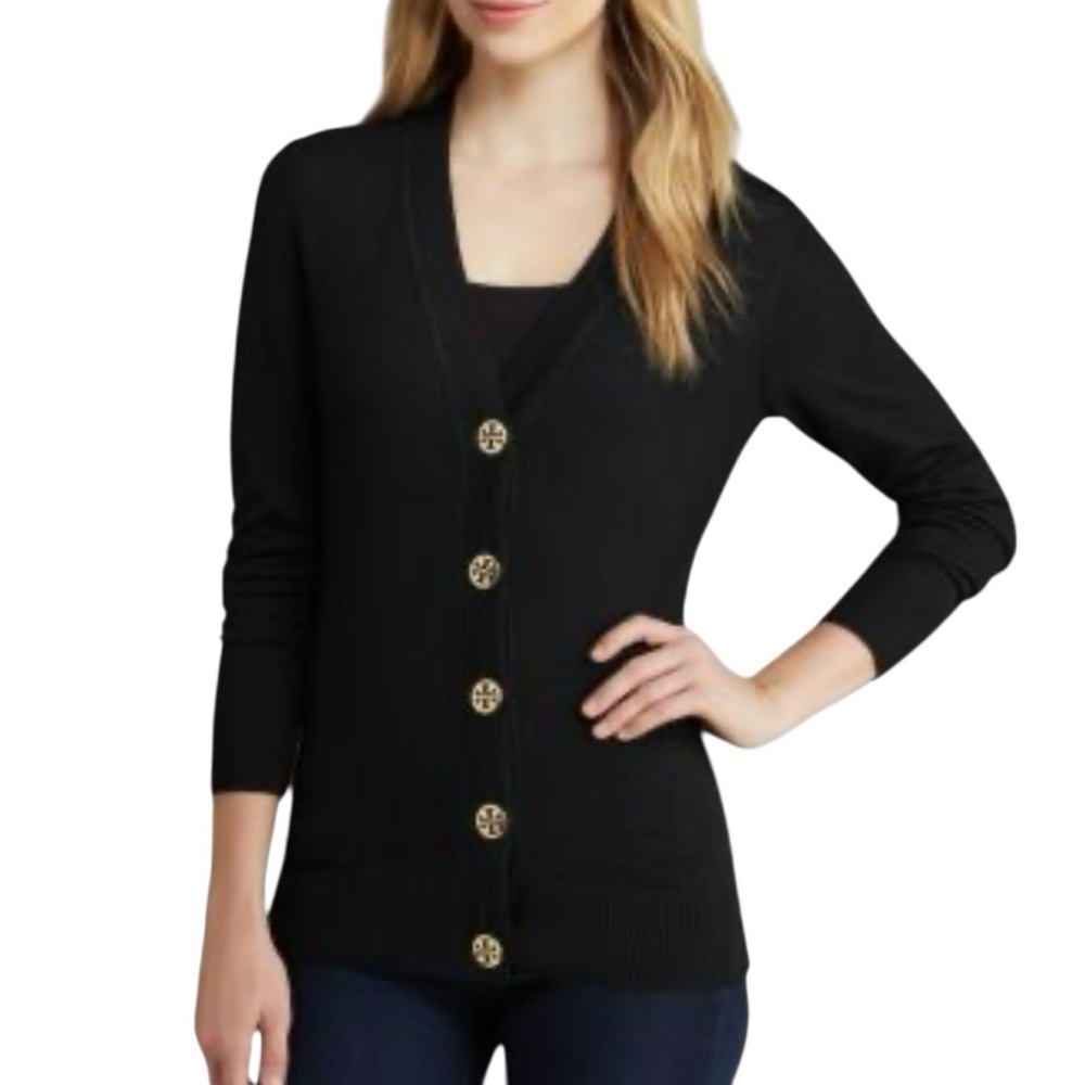 Tory Burch Simone Merino Wool Cardigan Small Black
